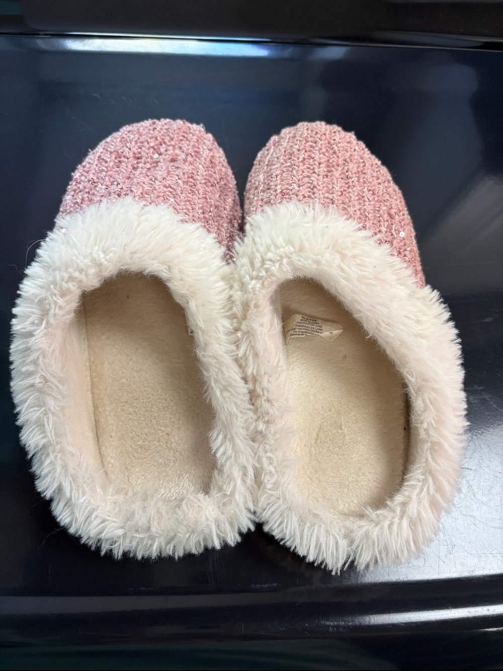 isotoner Pink Knit Slippers with Cream Faux-Fur Trim